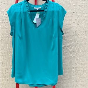 Green ruffle v-neck Daniel Rainn cap sleeve blouse